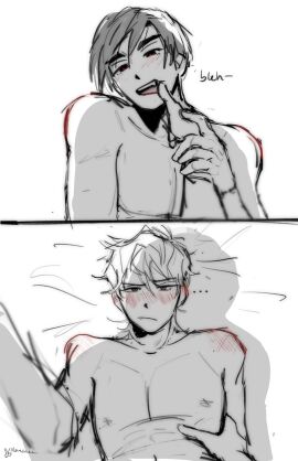 2_panel 2boys alien_stage bed bedding_background bedroom bedroom_eyes bedroom_sex bedsheets black_and_white black_eyes black_hair gay gay_anal gay_domination gay_male gay_sex ivan_(alien_stage) male male_only naked naked_male nude nude_male red_pupils silly silly_face sketch sketch_page till_(alien_stage)