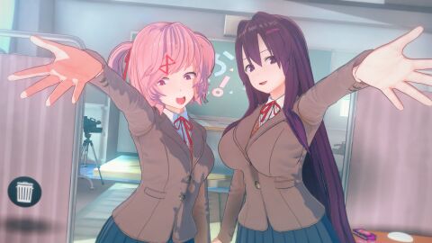 2girls 3d big_breasts breasts cute_face cute_fang doki_doki_literature_club female female_only filming human light-skinned_female light_skin multiple_females multiple_girls natsuki_(doki_doki_literature_club) smug yuri_(doki_doki_literature_club)
