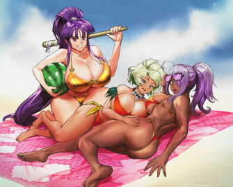 3girls adjusting_eyewear ahoge ass back barefoot beach_towel bikini blonde_hair blue_eyes blunt_bangs breasts busty cleavage crossover curvy dark-skinned_female dark_skin dragonaut earrings eiken eyewear_on_head feet female food front-tie_bikini_top front-tie_top fruit garnet_maclaine gigantic_breasts goddess gold_bikini green_eyes grin groin hand_on_another's_hip hanging_breasts highleg highleg_bikini huge_ass huge_breasts human jewelry jungle_de_ikou keigi keigi_(artist) kirika_misono kneeling leaf light-skinned_female light_skin lips long_hair lying mii_(jungle_de_ikou) multiple_crossover multiple_females multiple_girls nail_polish necklace o-ring o-ring_bikini on_side open_mouth orange_bikini pink_towel ponytail purple_eyes purple_hair purple_nails short_hair sidelocks simple_background skirt skull_necklace smile soles suikawari sunglasses swimsuit thick_thighs thighs thong_bikini toes tongue tongue_out towel tribal trio very_long_hair voluptuous watermelon wide_hips