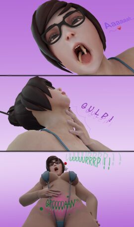 3d big_breasts bikini bleahboy breasts burp burping cleavage female female_pred giantess glasses larger_female low-angle_view macro mei_(overwatch) micro open_mouth oral_vore overwatch size_difference skimpy sling_bikini throat_bulge vore