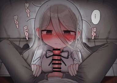 !? 1boy absurdres aozora_kyoka bags_under_eyes bar_censor blush braid censored closed_mouth coat commentary_request ear_blush erection female grey_eyes grey_hair hair_between_eyes heavy_breathing highres imminent_fellatio lab_coat large_variant_set long_hair long_hair_between_eyes looking_at_penis messy_hair neck_ribbon nose_blush original penis pov ribbon ringed_eyes school_uniform shirt single_braid sitting speech_bubble spoken_interrobang sweat translation_request variant_set white_coat white_shirt yasashii_naizou