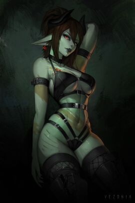 bloodscribe glowing_eyes green_skin horns scars straps tattoo thighhighs vezonia zombree