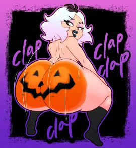 1girls ass ass_clapping big_ass bodypaint bottom_heavy clapping_cheeks emberlynn_pinkle emberlynn_pinkle_(human_form) fat_ass female female_only halloween helluva_boss huge_ass large_ass massive_ass multicolored_hair n-kosi n-kosi_(coloring) nude nude_female png pumpkin_butt socks solo thick_ass thick_thighs twerking wide_hips