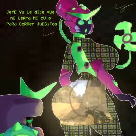 1boy 1girls 8-bit_(brawl_stars) 8-bit_virus_(brawl_stars) angry angry_face arcade_machine ass big_ass binary_code brawl_stars charlie_(brawl_stars) dialogue female green_eyes huesosdry machine male nude nude_female playing_videogame skin spanish_text spider spider_girl supercell tagme virus virus_charlie_(brawl_stars)
