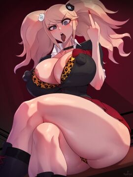 1girls ass big_ass big_breasts big_thighs breasts crossed_legs danganronpa female female_only huge_breasts junko_enoshima looking_at_viewer middle_finger nipple_bulge nipple_slip nipples_visible_through_clothing rampage0118 solo textless_version thick_thighs tongue_out voluptuous wide_hips