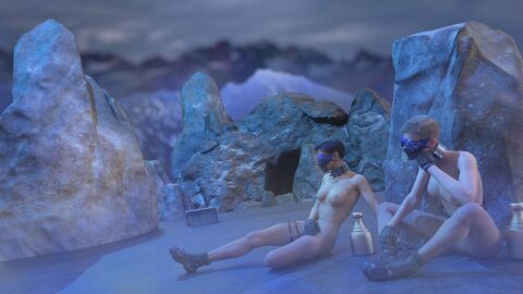 2girls 3d black_hair blonde_hair bondage collar female female_only multiple_females multiple_girls nude nude_female original short_hair slave slave_girl spicebound