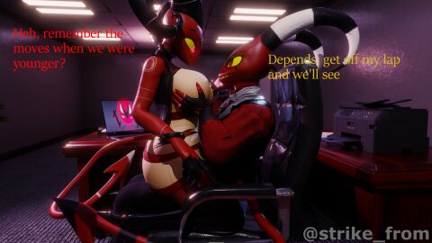 3d_(artwork) barbie_wire blender blitzo_(helluva_boss) brother_and_sister commission dirty_talk grope helluva_boss imminent_sex incest on_chair on_lap siblings strikefrommidnight teasing