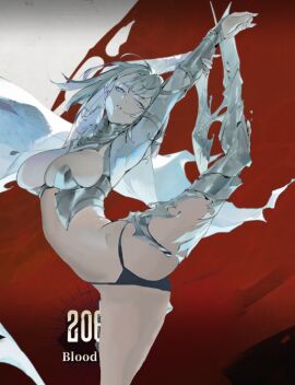 armor belly belly_button big_breasts blue_eyes blue_panties breasts dancer female flexible looking_at_viewer navel nicole_(blood_and_silver) panties posing_for_picture pussy pussy_visible_through_panties pussy_visible_through_thong silver_and_blood thick_thighs thighs vagina vagina_visible_through_clothing white_hair