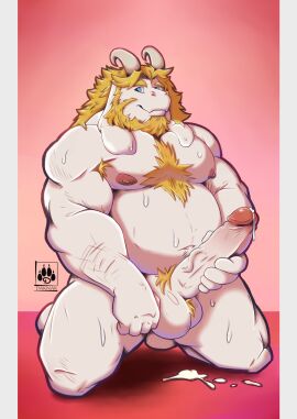 anthro asgore_dreemurr balls bara beard big_penis boner dad_bod daknar deltarune erection facial_hair furry goat horns male male_only muscles muscular nude on_knees penis solo solo_male sweat sweating undertale yaoi