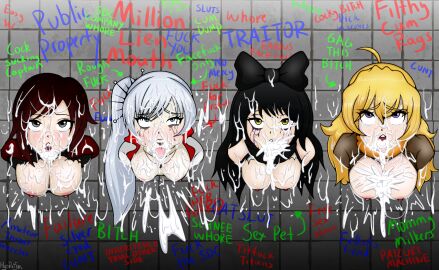 4girls after_anal after_fellatio after_oral after_rape after_sex after_vaginal animal_ears anus ass black_hair blake_belladonna blonde-haired_female blonde_female blonde_hair breasts broken_rape_victim cat_ears cat_girl catgirl covered_in_cum cum cum_in_ass cum_in_mouth cum_in_pussy cum_inside cum_on_body cum_on_face dialogue dripping dripping_cum eye_roll eyes_rolling_back female female_only graffiti graffiti_on_wall grey_eyes hyoreisan multiple_females multiple_girls naked naked_female nipples nude nude_female party_wipe ponytail public public_use pussy red_eyes ruby_rose running_mascara runny_makeup rwby short_hair signature stuck stuck_in_wall text through_wall torn_clothes weiss_schnee white_eyes white_hair yang_xiao_long yellow_eyes