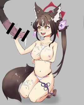 absurdres after_paizuri animal_penis blue_archive breasts brown_hair cum cum_on_body cum_on_breasts cum_on_hair fox_girl halo handjob highres horse horse_penis huge_cock large_breasts murahanasaki penis swimsuit tail topless_female wakamo_(blue_archive) zoophilia