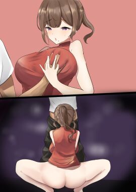 1boy ass banaparubon00 blush breast_grab breasts censored fellatio female huge_breasts implied_fellatio male mature_female milf mole mole_under_mouth open_mouth original