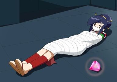 ayame_(power_stone) bondage brown_eyes capcom dark_blue_hair female gagged hair_stick hairband kunoichi mikesedam2 ninja power_stone power_stone_2 sandals teenager tomboy wrapped_up wraps