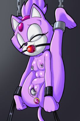 anal_plug anthro ball_gag blaze_the_cat bondage bound breasts buttplug chains dildo domestic_cat felid feline felis female forehead_gem fours_(artist) gag gem hi_res jewel_buttplug leg_spreader mammal nipple_clamp plug_(sex_toy) purple_body restraints sega sex_toy small_breasts solo sonic_(series) sonic_the_hedgehog_(series) spreader_bar taped_dildo