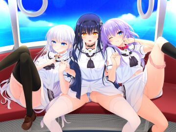 3girls anus ascot ass_visible_through_thighs bell belt_collar black_ascot black_capelet black_hair black_hairband black_pantyhose black_socks blue_eyes blue_panties blue_sky blunt_ends blush bone_hair_ornament brown_footwear capelet censored clenched_teeth closed_mouth clothes_lift clothes_pull clothing_aside collar commission crossed_bangs day eyes_visible_through_hair feet_out_of_frame female fingernails foot_out_of_frame hair_behind_ear hair_between_eyes hair_ornament hairband hairclip hands_up heart heart_collar highres holding_hands indoors interlocked_fingers jingle_bell kneehighs knees_together_feet_apart kushima_kamome leg_lift loafers long_hair looking_at_viewer lying mosaic_censoring multiple_females multiple_girls naruse_shiroha navel neck_bell ocean official_alternate_costume official_style on_back one_eye_closed open_mouth otou_(otou_san) panties panties_around_one_leg panties_aside pantyhose pantyhose_pull pink_panties puffy_short_sleeves puffy_sleeves purple_hair pussy raised_eyebrows ringed_eyes sailor_collar school_uniform serafuku shirt shoes short_sleeves side-by-side sidelocks sitting skeb_commission skirt skirt_lift skull_and_crossbones skull_hair_ornament sky socks sorakado_ai spread_legs straight_hair summer_pockets teeth thighhighs thighs underwear variant_set wavy_mouth white_hair white_sailor_collar white_serafuku white_shirt white_skirt white_thighhighs window yellow_eyes zettai_ryouiki