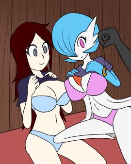 black_eyes blue_bra blue_hair blue_panties blue_underwear bottomless bra breasts brown_hair coin_on_string empty_eyes female femsub gardevoir happy_trance hypnosis large_breasts long_hair mythkaz nintendo original panties pendulum pink_bra pink_eyes pink_panties pink_underwear pokemon pokemon_(species) purple_t-shirt shiny_gardevoir shirt_lift short_hair smiling submissive_female t-shirt unseen_character white-skinned_female white_skin white_skinned_female