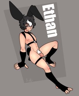 absurd_res animal_humanoid anthro arm_warmers armwear balls black_body black_fur black_hair clothing english_text femboy flaccid footwear foreskin fur genitals grey_background hair harness hi_res highlights_(coloring) humanoid humanoid_genitalia humanoid_penis lagomorph lagomorph_humanoid leporid_humanoid male mammal mammal_humanoid penis pubes rabbit_humanoid simple_background socks solo text toeless_footwear toeless_legwear toeless_socks toeless_stockings uncircumcised white_highlights xing1