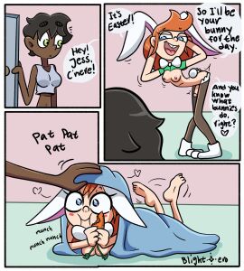 1futa 1girls 3_panel_comic 3koma bait_and_switch black_hair blightstar bowtie breasts bunny_girl carrot chubby_cheeks comic dialogue easter easter_bunny eating eating_carrot emily_(blightstar) english_text entering feet_up female futanari ginger_hair happy_easter head_pat holidays interracial intersex jess_(blightstar) patting_head penis pose posing public_domain rabbit_feet rabbit_tail reverse_bunnysuit small_breasts smile smiling spoken_heart stockings tagme under_blanket wholesome_end wholesome_instant_loss