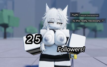 1girls 3d areolae blurry_background breasts dialogue dialogue_box english_text female follower_celebration fox_ears grey_nipples holding_breasts kemonomimi kitsune milestone_celebration nipples nyxwastaken original_character outdoors partially_clothed public roblox roblox_game robloxian self-upload sword tagme text text_box the_strongest_battlegrounds white-skinned_female white_eyes white_hair white_text yuzhi_(nyxwastaken)