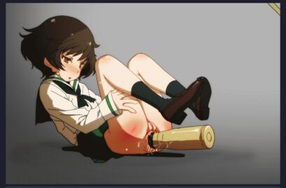 akiyama_yukari anal anal_insertion anal_object_insertion blush blushing breasts female girls_und_panzer moments_before_disaster tank_shell tank_shell_insertion