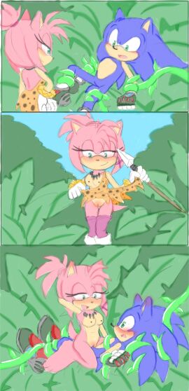 amy_rose blush breasts comic comic_strip exposed_breasts exposed_pussy female hedgehog jungle necklace pussy small_breasts sonic_(series) sonic_prime sonic_the_hedgehog sonic_the_hedgehog_(series) spear tagme textless thorn_rose thorn_rose_(concept_art) undressing_self vines
