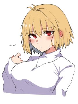 arcueid_brunestud bedroom_eyes big_breasts blonde_hair blush breasts bust female heart huge_boobs huge_breasts large_boobs large_breasts looking_at_viewer maz_515 red_eyes short_hair sweaty top_heavy torso tsukihime vampire vampire_girl