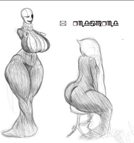 2d 2d_(artwork) arsonistmaniac back_view big_breasts black_dress breasts chair deltarune duo duo_female faceless_female fem_gaster female female_only floating_hands gaster long_dress long_hair monochrome no_arms tagme text thick_thighs tight_clothing turtleneck turtleneck_sweater undertale undertale_(series) white_hair wingdings wingdings_text