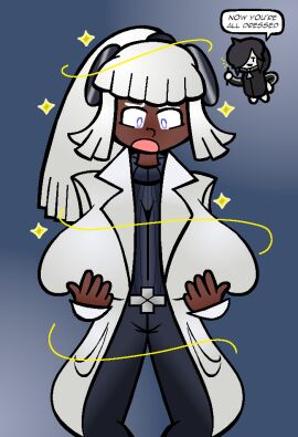 /ctt/ blue_eyes breast_hold breasts console-tan cosplay d: dark_skin female gigantic_breasts gijinka hime_cut holding_breast huge_breasts humanization jacket labcoat large_breasts looking_down magic playstation_5 playstation_vita ponytail ps1-tan_(cosplay) ps5-tan ps_vita sony_interactive_entertainment sweater transformation transformation_through_magic vita-tan white_hair