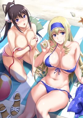 2girls barefoot beach_ball bikini blonde_hair blue_bikini blue_eyes blush breasts brown_hair cecilia_alcott cleavage covering_breasts covering_privates drill_hair feet female hairband highres infinite_stratos ishigaki_takashi legs long_hair looking_at_viewer multiple_females multiple_girls navel open_mouth parted_lips ponytail seductive_smile shinonono_houki sitting smile swimsuit thick_thighs thighs unworn_bikini_top