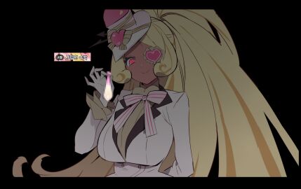 @_@ arm_behind_back black_background blonde_hair bow bowtie breasts brown_hair brown_shirt buttons censored closed_mouth collared_shirt condom cookie_run cookie_run:_ovenbreak cum curly_sidelocks dark-skinned_female dark_skin double-breasted eyepatch female frilled_eyepatch frilled_sleeves frills game_screenshot_inset gloves glowing glowing_eye hand_up hat hat_ornament hat_tip heart heart_eyepatch heart_hat_ornament high_ponytail highres holding holding_condom humanization jacket korean_text lapels large_breasts letterboxed long_hair long_sleeves looking_at_viewer mini_hat mini_top_hat mosaic_censoring multicolored_hair notched_lapels official_alternate_costume official_alternate_eye_color ohta_guk_hip one_eye_covered partially_translated ponytail protected_link shirt simple_background smile solo streaked_hair striped_bow striped_bowtie striped_clothes timekeeper_cookie timekeeper_cookie_(timeless_love) top_hat two-tone_hair upper_body used_condom very_long_hair white_bow white_bowtie white_gloves white_hat white_jacket