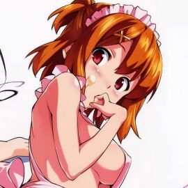 almost_naked apron bangs bare_shoulders big_breasts blush breasts brown_hair color colored cream_on_face female female_focus female_only finger_in_own_mouth hair_between_eyes hairclip kushiya_inaho light_brown_hair looking_back maid_headdress maken-ki! naked_apron nipple_bulge no_bra official_art pink_apron red_eyes revealing_clothes short_hair short_twintails side_view sideboob takeda_hiromitsu twintails upper_body viewed_from_below white_background