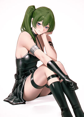 1girls 95_(jiuwujiang) arm_strap bare_shoulders belt black_choker black_dress black_gloves breasts choker dress female female_only gloves green_hair hair_between_eyes highres long_hair looking_at_viewer medium_breasts purple_eyes shiny_clothes side_ponytail simple_background smile solo sousou_no_frieren thigh_strap ubel_(sousou_no_frieren) white_background