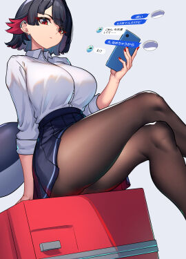 1girls absurdres ass black_hair black_skirt breasts brown_pantyhose cellphone collared_shirt colored_inner_hair crossed_legs dress_shirt ear_piercing earclip ellen_joe female fingernails fins fish_tail flipped_hair from_below highres holding holding_phone large_breasts long_sleeves looking_at_viewer miniskirt mole mole_under_eye multicolored_hair nicchi nichesnake pantyhose phone piercing pleated_skirt red_eyes red_hair red_nails school_uniform shark_girl shark_tail shirt short_hair sitting skirt sleeves_rolled_up smartphone solo tail thighs two-tone_hair white_shirt wing_collar zenless_zone_zero