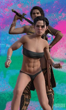2girls 3d abs assassin's_creed_(series) assassin's_creed_odyssey assassin's_creed_syndicate black_hair black_panties bra breasts daz_studio evie_frye female female_only female_protagonist freckles kassandra_(assassin's_creed) multiple_females multiple_girls panties stjude90 sword underwear weapon