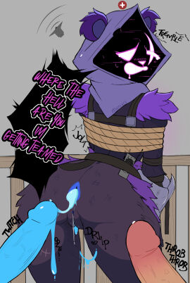 anal anthro ass bear blush bodily_fluids clothing cum cum_inside digital_media_(artwork) epic_games erection eye_scar facial_scar female female_penetrated fortnite fur gang_rape gangbang genital_fluids genitals group group_sex hi_res hood looking_at_viewer male male/female mammal meta_request nyxartstation penetration penile penis purple_body pussy raven_team_leader raven_team_leader_(fortnite) sans_penis scar sex shadow_face simple_background slurp_juice text thick_thighs threesome trio vaginal_penetration