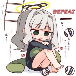 :o ? barefoot black_shirt blue_archive blunt_bangs blush commentary_request defeat empty_eyes female full_body green_eyes grey_hair halo hana_kazari hare_(blue_archive) highres knees_up ladder long_hair long_sleeves open_mouth panties pussy pussy_juice shirt simple_background sitting solo sweat underwear white_background white_panties yellow_halo