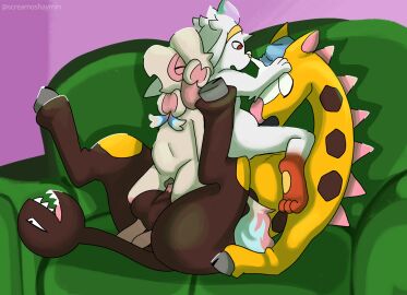 animal_genitalia animal_pussy canine_genitalia canine_pussy eeveelution female furniture generation_2_pokemon generation_6_pokemon generation_8_pokemon genitals girafarig hi_res male male/female male/male nintendo oral pokemon pokemon_(species) pussy raboot screamoshaymin smeargle sofa stomach_bulge sylveon vaginal_penetration