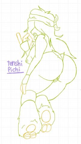 ass butt colored_sketch fellatio_gesture female green_fur hair_covering_eyes hand_on_thigh headband my_singing_monsters pomily presenting pussy rooba sketch suggestive tenshipichi tongue tongue_out
