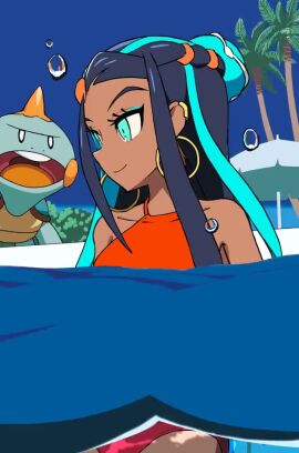 air_bubble animated bikini blue_sky breasts bubble chewtle dark-skinned_female dark_skin drednaw earrings empty_eyes female gen_8_pokemon hoop_earrings incoming_attack jewelry jitome kakuchoshi looking_at_another looking_at_viewer medium_breasts meme navel nessa_(pokemon) nintendo partially_submerged pointing pointing_at_viewer pokemon pokemon:_twilight_wings pokemon_(anime) pokemon_(creature) pool pov red_bikini sky small_breasts smile swimsuit tagme tree umbrella underwater underwear video water