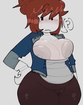 1girls ? acorn_hair areolae breasts breasts_popping_out cameltoe clothing confused female female_only grey_skin hair_bun jacket medium_breasts nipples pants pussy_outline question_mark roblox robloxian shirt solo tagme tagme_(artist) thick_thighs thighs
