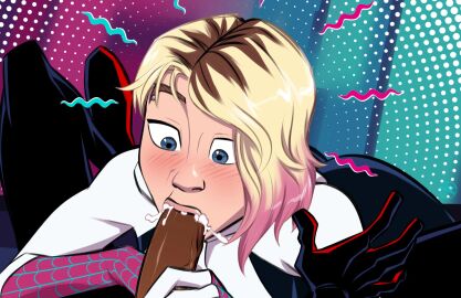 1boy 1girls blonde_hair blowjob blue_eyes blush canon_couple costume cum cum_drip cum_in_mouth cum_inside cum_overflow cumdrip dark-skinned_male dark_skin eyebrow_piercing fellatio female gwen_stacy gwen_stacy_(spider-verse) hero heroine highlights_(coloring) interracial light-skinned_female light_skin male marvel marvel_comics miles_morales oral oral_penetration oral_sex pale-skinned_female pale_skin penis piercing shocked shocked_expression spider-gwen spider-man:_across_the_spider-verse spider-man:_into_the_spider-verse spider-man_(miles_morales) spider-man_(series) spider_sense stickymon superhero superhero_costume superheroine surprised surprised_expression teenager tooth_gap