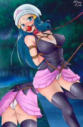 1girls arms_tied_behind_back ass ball_gag beanie black_tank_top blue_eyes blue_hair bondage breasts clothed_bondage collar crotch_rope dawn_(pokemon) female gag gagged large_breasts leash long_hair mymyeye nintendo outside panties pink_skirt pokemon pokemon_dppt public public_humiliation rope rope_between_breasts rope_bondage shibari_over_clothes skirt skirt_lift tank_top thighhighs white_panties