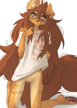 1girls apogee apogee_(tinygaypirate) areola belly belly_button big_shirt breasts brown_eyes brown_fur brown_hair canine cute dog_ears dog_girl earring earrings female fluffy_tail freckles fur furry furry_female furry_only hidden_curves lifting_shirt long_hair looking_at_viewer pawpads paws piercing pointing_at_self small_breasts solo tail tattoo thighs tinygaypirate