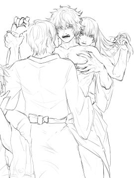 3boys angry embarrassed gay gintama gintoki_sakata groping groping_from_behind hair_grab katsura_kotarou kimono long-haired_male long_hair male male_only march_tai mmm_threesome monochrome pec_grab pec_grasp pecs restrained sketch takasugi_shinsuke threesome wrist_grab yaoi