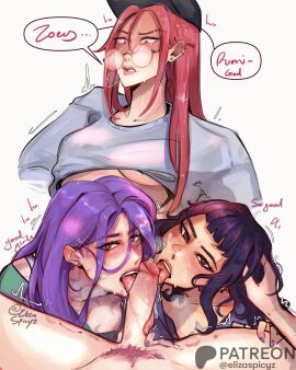 1futa 2girls collaborative collaborative_fellatio dialogue double_blowjob elizaspicy fellatio female female_on_futa foreskin futa_on_female futa_pov futanari giver_pov glasses group handjob head_grab intersex kpop_demon_hunters licking_penis looking_at_viewer looking_pleasured mira_(kpop_demon_hunters) oral penis pink_hair polytrix pov precum pubic_hair retracted_foreskin round_glasses rumi_(kpop_demon_hunters) text tongue_piercing treasure_trail uncircumcised zoey_(kpop_demon_hunters)