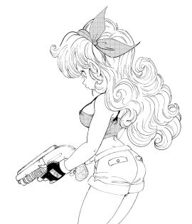1girls ass bad_launch big_ass black_and_white blonde_hair curly_hair curvy dragon_ball dragon_ball_(classic) dragonball female fenyon gloves launch lunch_(dragon_ball) pout shorts shotgun weapon