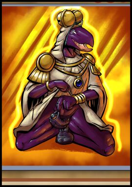 absurd_res anthro aura balls bottomless clothed clothing coldgemini duel_monster erection fangs foreskin foreskin_play foreskin_pull genitals hi_res humanoid_genitalia humanoid_penis lizard looking_at_viewer male male_only naughty_face orion_the_battle_king penis purple_body reptile robe saggy_balls scalie solo teeth tongue tongue_out uncircumcised vein veiny_penis yu-gi-oh!