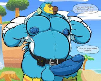 2020 akita77 animal_crossing anthro anthrofied avian balls beach beak belt belt_buckle big_balls big_muscles big_nipples big_pecs big_penis bird blue_body blue_nipples blue_penis bottomless buckle clothed clothing collared_shirt columbid dialogue dodo dress_shirt electronics english_description english_text erection eyewear feather_markings feathers genitals grin headphones hi_res huge_cock humanoid_genitalia humanoid_penis light male markings mostly_nude multicolored_body musclegut muscles muscular muscular_male nintendo nipples overweight palm_tree pecs penis plant recently_extinct_species seaside shirt sky smile solo speech_bubble stubble sunglasses sunlight tail tail_feathers text thick_arms thick_thighs topwear tree tree_stump undressing undressing_self vein veiny_penis watermark white_clothing white_shirt white_topwear wilbur_(animal_crossing)