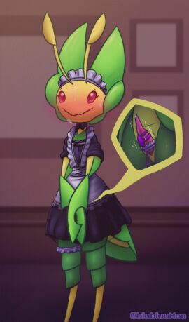 animated blubluumon blush blush_lines bodily_fluids bow_ribbon clothed clothing covering covering_crotch crossed_arms dress dripping egg_vibrator femboy feral generation_5_pokemon genital_fluids genitals leaking_precum leavanny live2d maid_collar maid_hat maid_uniform male male_only nervous nervous_smile nervous_sweat nintendo penile penis pokemon pokemon_(species) precum precum_drip sex_toy smile solo solo_male sweat sweatdrop throbbing throbbing_penis twitching_eye uniform vibrator vibrator_on_penis