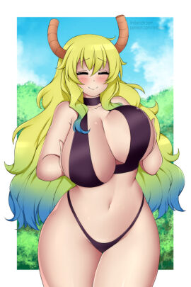 1girls big_breasts bikini black_bikini black_swimsuit blonde_hair breast_hold breast_lift breasts busty busty_female closed_eyes dragon dragon_girl dragon_horns dragon_maid female goddess horns huge_breasts kobayashi-san_chi_no_maidragon large_breasts lindaroze lucoa lucoa_(maidragon) maidragon miss_kobayashi's_dragon_maid outdoors playing_with_breasts pussy quetzalcoatl_(dragon_maid) smile smiling soft_breasts swimsuit thick_thighs voluptuous voluptuous_female